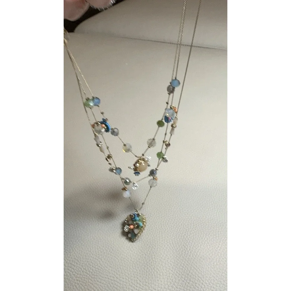 Betsey Johnson Layered Gold Charm Necklace Multi Strand Colorful Pendant EUC